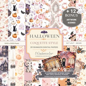 Coquette Halloween akvarellpapper, sömlösa mönsterpaket (digital nedladdning)