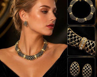 Set di gioielli vintage personalizzato, collana e orecchini con strass color oro.