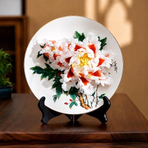Handgjord pionporslinsdekorationstallrik, 3D-blommor i keramisk konst, 30 cm evig blomma, eterisk oljediffusor, unik heminredningspresent till henne