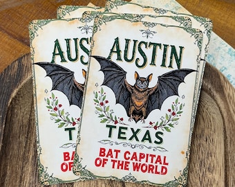 AUSTIN TEXAS Note Cards - Bat Capital of the World, Austin TX Gift Tag, Bat Lover Snail Mail, Travel Junk Journal