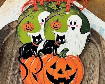Vintage Halloween Gift Tags - Ghost, Black Cat, Pumpkin Boo Basket Tag, Retro Halloween Party Decor, Trick or Treat Basket Labels