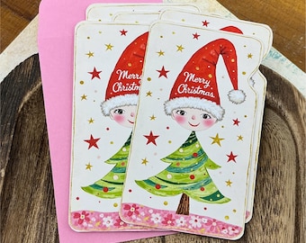 Christmas Tree Elf Mini Note Cards with Envelopes - Merry Christmas Lunchbox Note, Holiday Happy Mail, Care Package Gift Tag