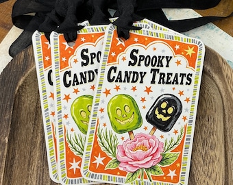 Spooky Candy Treats Halloween Tags - Boo Basket Gift Tag, Retro Halloween Party Favor, Classroom Party Goody Bag Labels