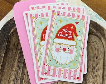 Retro Santa Mini Note Cards with Envelopes - Pink Christmas Lunchbox Note, Holiday Happy Mail, Care Package Gift Tag