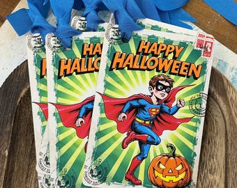 Superhero Halloween Gift Tags - Kids Trick or Treat Boo Basket, Comic Book Halloween Postcard Tag