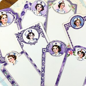 May include: A collection of paper stationery cards featuring illustrations of nurses in white caps with red crosses. The cards have purple borders, checkered patterns, and floral accents, providing blank white space for writing notes or messages.