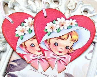 Vintage Heart Girl Tags - Set of 6 - Retro Valentine Card-Classroom Valentine-Valentine Treat Tags-Valentine Favor Tags-Valentine Gift Tags