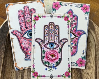 Floral Hamsa Mini Note Card Set with Envelopes - Evil Eye Stationery, Whimsical Lunchbox Notes, Boho Happy Mail, Enclosure Card