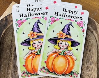 Vintage Style Happy Halloween Tags - Pumpkin Witch Girl, Boo Basket Gift Tag, Spooky Sweet Junk Journal, Halloween Happy Mail
