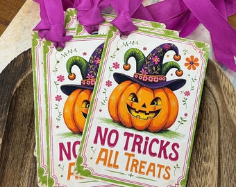 No Tricks All Treats Halloween Gift Tags - Jester Jack-O-Lantern Boo Basket Tag, Whimsical Halloween Party Favor, Classroom Goody Bag Treats