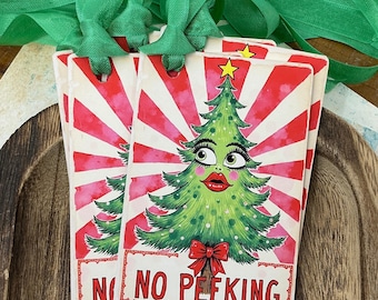 No Peeking Christmas Tags - Kitschy Christmas Tree Gift Tag, Funny Retro Holiday Gift Wrap