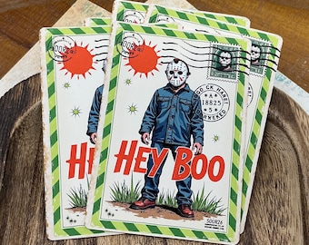 Hey Boo Horror Movie Note Card Tags - Funny Halloween Postcard Tags, Horror Fan Gift Basket Enclosure