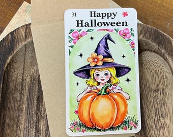 Happy Halloween Boo Basket Mini Note Cards with Envelopes - Vintage Pumpkin Witch Lunch Box Notes, Halloween Happy Mail