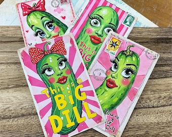Pink Big Dill Pickle Mini Note Cards with Envelopes - Girly Pickle Happy Mail, Quirky Gift Tags, Junk Journal Tags