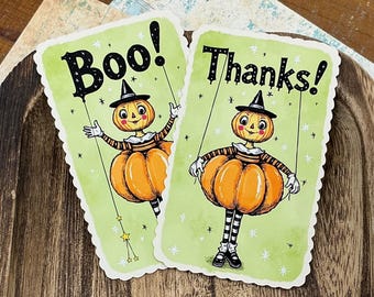 Mini Halloween Note Cards with Envelopes - Pumpkin Girl Lunch Box Notes, Boo Basket Tag, Retro Halloween Thank You Gift Enclosures