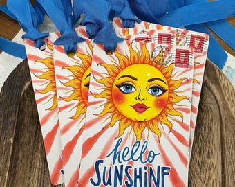 Hello Sunshine Gift Tags - Kitschy Sun Postcard, Retro Summer Gift Wrap, Thinking of You