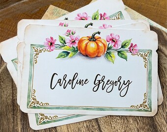 Personalized Fall Place Cards - Printed Pumpkin Name Cards, Autumn Wedding Place Cards, Thanksgiving Table Seating Cards