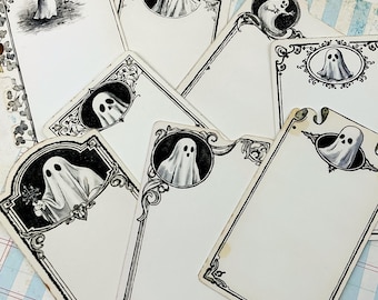 Ghost Mini Note Card Set with Envelopes (8 Unique Designs) - Vintage Halloween Stationery, Boo Basket Tag, Lunchbox Notes, Gothic Ephemera