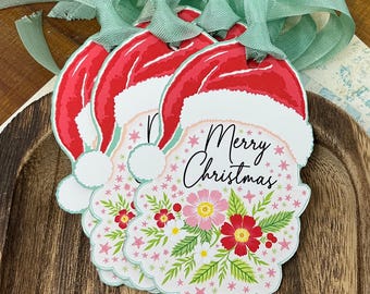 Floral Merry Christmas Gift Tag - Whimsical Santa Hat, Vintage Shabby Holiday Decor