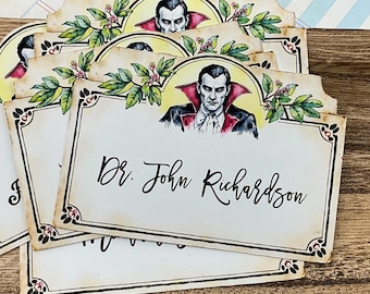 Personalized Dracula Place Cards - Printed Vampire Seating Cards, Gothic Wedding Table Decor, Halloween Dinner Party Name Cards