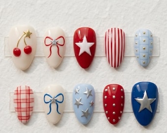 4th Of July Press On Nails |  Patriotic Cherry Americana Nail Art Set Fashion