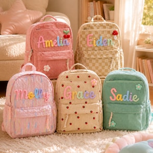Könnte beinhalten: Fünf Rucksäcke aus Cord in verschiedenen Farben und Mustern. Der rosa Rucksack trägt den Namen Amelia und einen Kirsch-Aufnäher. Der beige karierte Rucksack zeigt Eiden mit einem Pilz-Aufnäher. Der hellrosa Rucksack trägt Molly, der Erdbeer-Rucksack Grace und der grüne Sadie.