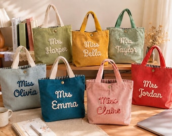 Personalized Teacher Tote Bag, Custom Corduroy Gift with Chunky Yarn Name
