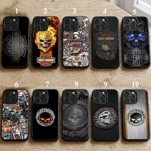 May include: A collection of ten black phone cases featuring Harley-Davidson motorcycle-themed designs. The cases display logos, skulls, and graphics with the Harley-Davidson name. Some cases have flames, eagles, and other motorcycle-related imagery.