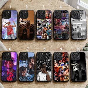 May include: A collection of ten phone cases featuring various designs. The cases showcase images of a rapper, with text elements including "Juice WRLD", "Bandit", and "Legends never die". The cases have a black border.