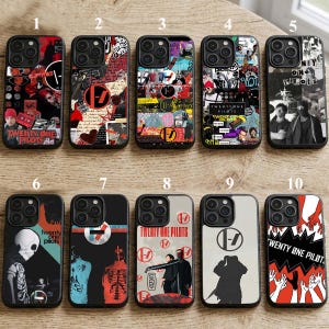 May include: A collection of ten phone cases with black borders, each featuring unique designs. The cases showcase various graphics, including band logos, album art, and text. The color palette includes red, black, white, and gray.