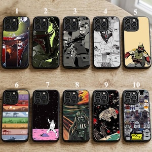 May include: A selection of ten phone cases with Star Wars designs. The cases display characters such as Boba Fett and Darth Vader, along with scenes and the Star Wars logo. The cases are in various colours and styles, suitable for mobile phones.