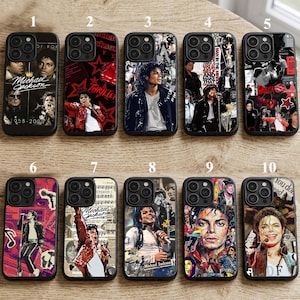 May include: A collection of ten black phone cases featuring images of Michael Jackson. The cases display various portraits, album art, and text, including "Thriller" and "Michael Jackson." The designs incorporate red, black, and white color schemes, with some cases showcasing collages.