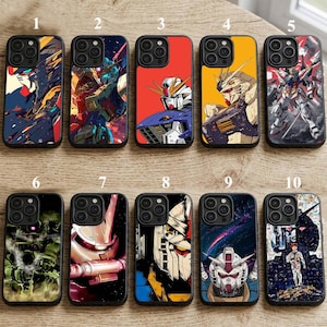 May include: A collection of ten phone cases featuring colorful illustrations of mecha robots. Each case showcases a different design, with varying color schemes and robot configurations. The cases are designed to fit a smartphone.