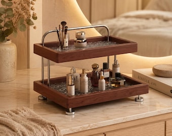Solid Wood 2 Tier Vanity Organizer Rack | Japandi Skincare Storage, Perfume Display Stand, Bathroom Counter Organizer
