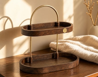 Walnut Vanity Organizer | 2 Tier Wood Perfume Tray | Brass Makeup Storage Shelf | Jewelry Display Stand | Dresser Organizer