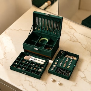 Velvet Jewelry Organizer Box – Vanity Storage Case with Removable Tray for Necklaces and Rings