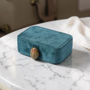 Velvet Jewelry Box Travel Case with Mirror, Portable Ring Earring Organizer, Compact Jewelry Storage, Natural Stone Button, Gift for Her