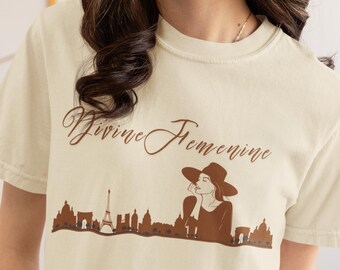 Divine Femme Skyline T-Shirt | Elegant Script, City Silhouette