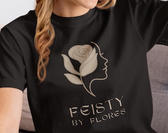 Feisty by Flores Rose Profile T-shirt | Botanical Silhouette Graphic, Neutral Beige Tee