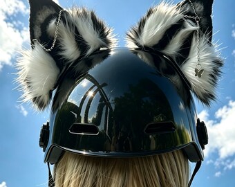 Black Cat Ears for Helmet, Furry Helmet Cat Ear Accessory, Faux Fur Motorcycle Helmet Decor, Stick-On Cosplay Ears