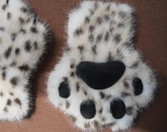 Snow Leopard Fursuit Paws, Realistic Plush Cosplay Gloves with Squeaker