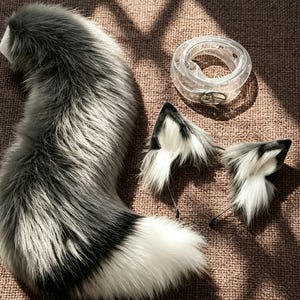 May include: A set consisting of a long, curved, faux fur tail in shades of gray, black, and white, a pair of matching faux fur cat ears on thin metal clips, and a clear, transparent plastic belt with a silver-toned circular buckle.