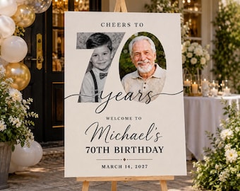 May include: A rectangular birthday welcome sign on a wooden easel featuring the text Cheers to 70 years, Welcome to Michael's 70th Birthday, and March 14, 2027. The sign displays a black and white photo of a young boy and a color photo of an older man.