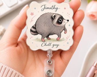 Porta-crachá Jimothy Raccoon, porta-identificação em acrílico engraçado e descolado, crachá fofo de guaxinim para enfermeiros, clipe retrátil, presente para profissionais da saúde