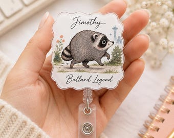 Jimothy Raccoon-märkesrulle, Ballard Legend akryl-ID-hållare, rolig skräppanda-sjuksköterskemärke, present till vårdpersonal i Seattle