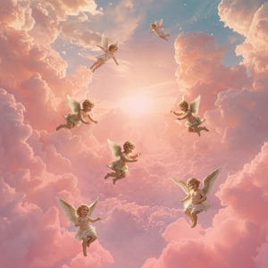 May include: A digital illustration featuring seven cherubs with feathered wings flying amidst soft, voluminous pink and peach-colored clouds. The scene is illuminated by a bright, central light source, creating a warm, ethereal glow across the sky.