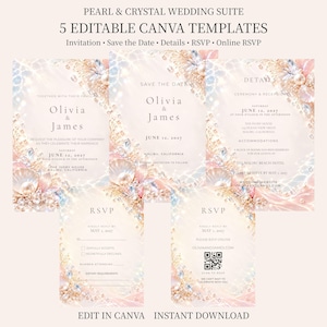 Pearl Wedding Invitation Suite, Editable Canva Template, RSVP QR Code, Save the Date, Details Card, Instant Download