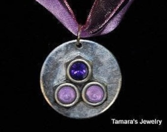 NECKLACE with METAL pendant with Swarovski CRYSTALS and Purple Satin Ribbons  Modern Funky Dare to Wear