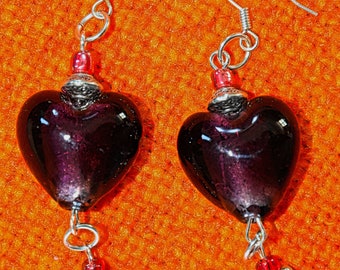 EARRINGS Purple Heart Lampwork