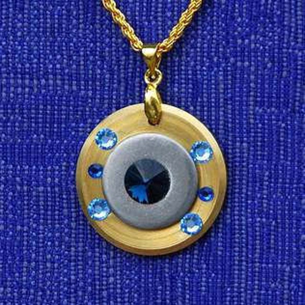 NECKLACE Pendant BRASS Stainless STEEL Industrial Design Unique Gold Blue Swarovski Crystals Chic Modern Sophisticated Dare to Wear
